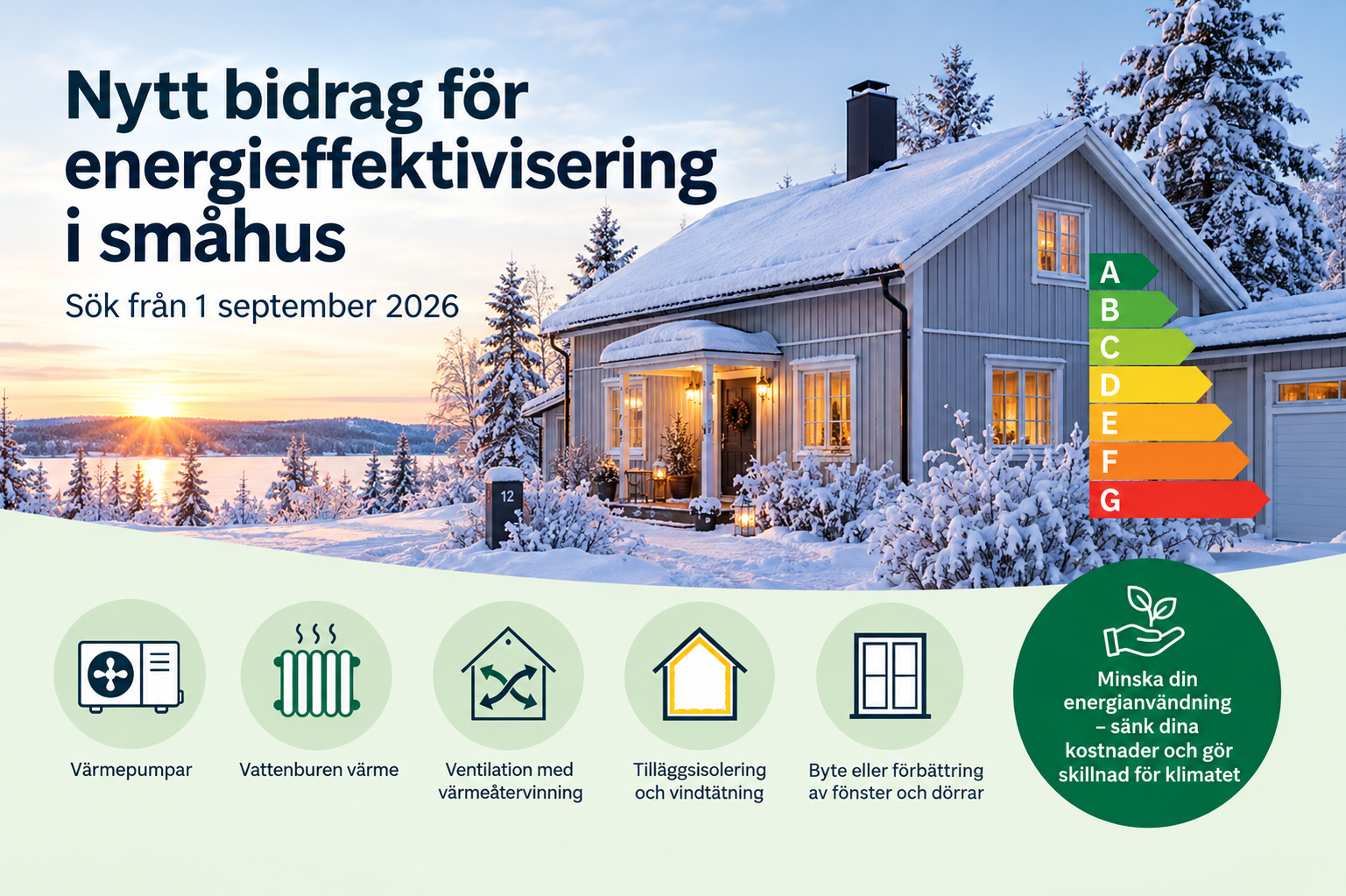Bild som visar att fastighetsägare har möjlighet att söka bidrag för energieffektiviseringar. 
