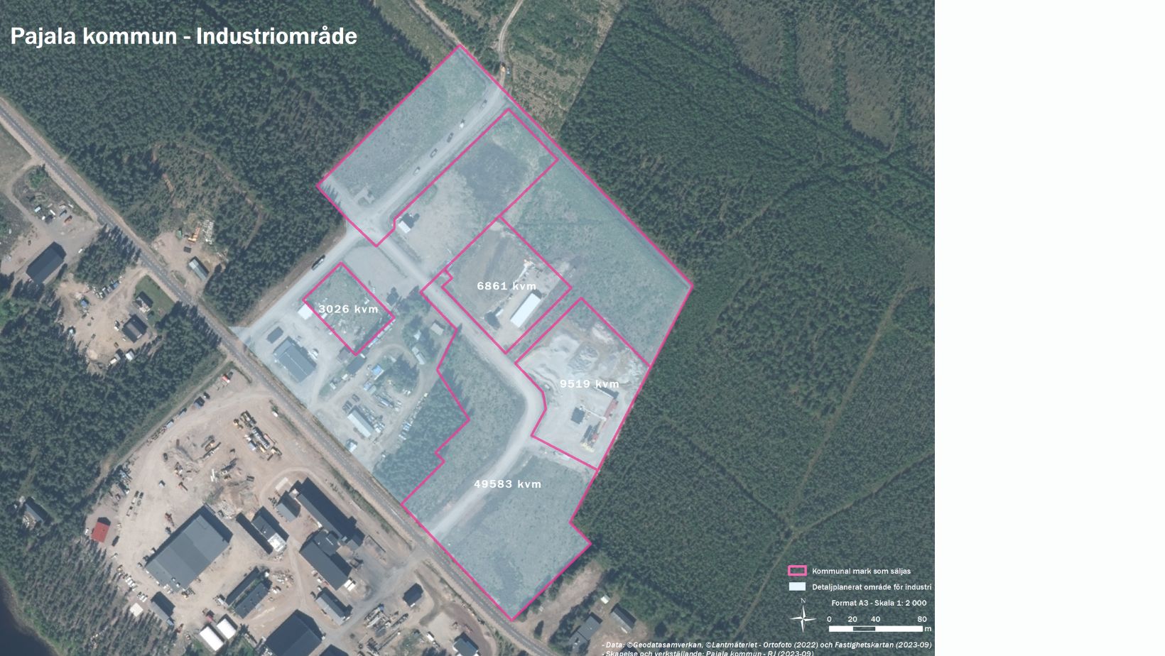 En karta som visar lediga tomter på industriområdet solsidan