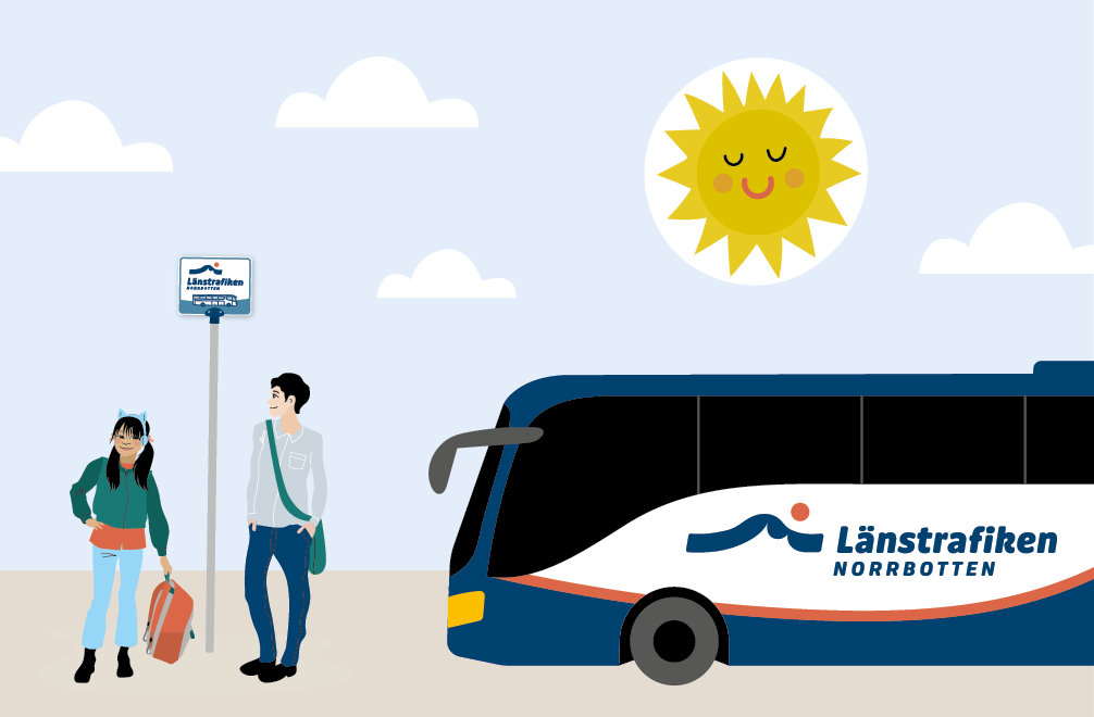Två personer väntandes vid busshållplats på lokalbuss